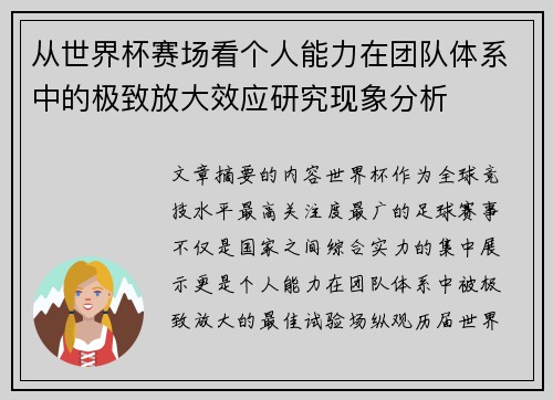 从世界杯赛场看个人能力在团队体系中的极致放大效应研究现象分析 从世界杯赛场看个人能力在团队体系中的极致放大效应研究现象分析