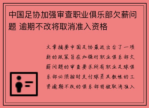 中国足协加强审查职业俱乐部欠薪问题 逾期不改将取消准入资格